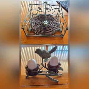 Vintage Wrought Iron Grape Vine Birds Nest Napkin Holder & Salt And Pepper Caddy
